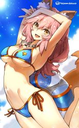 Rule 34 | 10s, 1girl, animal ear fluff, animal ears, armpits, arms up, bare shoulders, bikini, blue bikini, blue sky, blush, breasts, cleavage, cloud, collarbone, day, fate/extra, fate/grand order, fate (series), fox ears, fox tail, hair between eyes, innertube, jewelry, large breasts, long hair, looking at viewer, navel, necklace, open mouth, pink hair, sky, smile, solo, sunlight, super zombie, swim ring, swimsuit, tail, tamamo (fate), tamamo no mae (fate/extra), tamamo no mae (swimsuit lancer) (fate), thighs, underboob, yellow eyes