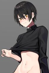 Rule 34 | 1boy, agamemega, black hair, blush, clothes lift, grey background, highres, looking at viewer, male focus, navel, original, short hair, simple background, solo, stomach, sweater, sweater lift, tagme, turtleneck, yellow eyes