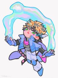 Rule 34 | 1boy, :o, arms up, battle tendency, belt, blonde hair, blue footwear, bubble, caesar anthonio zeppeli, chibi, collared jacket, cropped jacket, facial mark, fingerless gloves, gloves, green eyes, hair ornament, half gloves, headband, high collar, highres, jacket, jojo no kimyou na bouken, knee pads, natchan blue (nanairopenki), open mouth, outstretched arms, pants, scarf, short hair, short sleeves, solo
