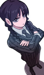 Rule 34 | 1girl, amazu (kurozu), black hair, black necktie, braid, collared shirt, commentary request, copyright request, crossed arms, hair over shoulder, jacket, long hair, long sleeves, looking at viewer, low twintails, necktie, parted lips, shadow, shirt, signature, simple background, skirt, solo, standing, striped clothes, striped jacket, striped skirt, twin braids, twintails, vertical-striped clothes, vertical-striped jacket, vertical-striped skirt, white background, white shirt