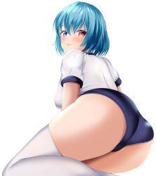 Rule 34 | 1girl, absurdres, alternate costume, ass, black buruma, blue eyes, blue hair, breasts, buruma, closed mouth, gym uniform, heterochromia, highres, huge breasts, looking at viewer, looking back, musi tino, red eyes, shirt, short hair, short sleeves, simple background, smile, solo, tatara kogasa, thighhighs, tongue, tongue out, touhou, white background, white shirt, white thighhighs
