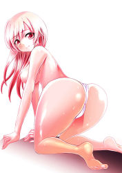 Rule 34 | 1girl, all fours, ass, barefoot, bikini, bikini bottom only, blush, breasts, cleavage, female focus, from behind, huge ass, large breasts, long hair, looking at viewer, looking back, nitroplus, no bra, no headwear, pink hair, red eyes, shima yuri ika, solo, super sonico, sweat, swimsuit, topless, wet