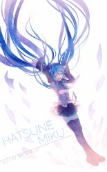 Rule 34 | 1girl, arms up, artist name, black footwear, black skirt, black thighhighs, blue hair, blue necktie, boots, character name, closed eyes, crossed legs, detached sleeves, floating hair, full body, hatsune miku, highres, long hair, necktie, open mouth, pleated skirt, rimuu, shirt, skirt, sleeveless, sleeveless shirt, smile, solo, standing, starry sky print, teeth, thigh boots, thighhighs, twintails, very long hair, vocaloid, white background, wide sleeves, zettai ryouiki