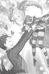Rule 34 | 1boy, 1girl, :d, arms up, beatrice (re:zero), blush, capelet, carrying, closed eyes, drill hair, from side, greyscale, highres, jacket, long sleeves, monochrome, natsuki subaru, novel illustration, official art, ootsuka shin&#039;ichirou, open mouth, outstretched arms, pantyhose, re:zero kara hajimeru isekai seikatsu, smile, striped clothes, striped pantyhose, twin drills, twintails, v-shaped eyebrows