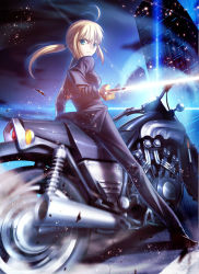 Rule 34 | 1girl, ahoge, artoria pendragon (all), artoria pendragon (fate), black gloves, blonde hair, cropped, excalibur (fate/stay night), fate/stay night, fate/zero, fate (series), formal, from behind, gloves, glowing, glowing sword, glowing weapon, green eyes, looking back, motor vehicle, motorcycle, pant suit, pants, ponytail, saber (fate), solo, suit, sword, takeuchi takashi, type-moon, vehicle, weapon, yamaha, yamaha v-max