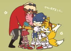 Rule 34 | 1girl, 3boys, amy rose, animal ears, animal nose, annoyed, arms at sides, bald, black footwear, black pants, blonde hair, blue eyes, blue fur, blue hair, body fur, boots, bukiko, closed eyes, closed mouth, coat, dr. eggman, dress, eyewear on head, facial hair, fox boy, fox ears, fox tail, full body, furry, glasses, gloves, goggles, green background, group hug, half-closed eyes, head tilt, hug, japanese text, leaning forward, looking at viewer, looking to the side, multiple boys, multiple tails, mustache, open mouth, orange-framed eyewear, orange-tinted eyewear, pants, pince-nez, pink footwear, pink fur, pink hair, purple thighhighs, red coat, red dress, red footwear, shoes, short hair, simple background, socks, sonic (series), sonic boom (series), sonic the hedgehog, standing, star (symbol), sunglasses, tail, tails (sonic), thighhighs, tinted eyewear, translation request, two-tone fur, two tails, white fur, white gloves, white thighhighs, yellow fur, zettai ryouiki