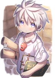 Rule 34 | 1boy, aged down, bandam, book, brick wall, closed mouth, commentary request, commission, from above, highres, holding, holding book, holding map, jiruo (made in abyss), looking at viewer, looking up, made in abyss, male focus, map, outdoors, purple eyes, shirt, short hair, short sleeves, skeb commission, solo, stone floor, whistle, whistle around neck, white hair, white shirt