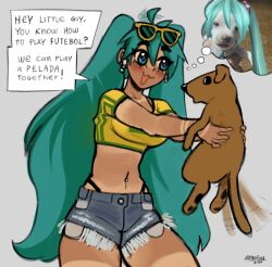 00ketsui absurdres animal aqua_eyes aqua_hair blue_shorts blush brazilian_miku dated dog earrings english_text eyewear_on_head hatsune_miku highres holding holding_animal holding_dog jewelry long_hair midriff navel short_sleeves shorts signature speech_bubble sunglasses tan tanline twintails very_long_hair vocaloid yellow-framed_eyewear