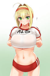 Rule 34 | !, 1girl, ahoge, bike shorts, blonde hair, blush, breasts, commentary request, cowboy shot, fate/grand order, fate (series), gachou, green eyes, hair between eyes, hair intakes, hairband, large breasts, navel, nero claudius (fate), nero claudius (fate) (all), nero claudius (fate/extra), official alternate costume, short sleeves, solo, standing, stomach, underboob