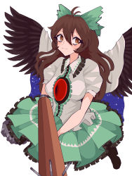 Rule 34 | 1girl, absurdres, antenna hair, arm cannon, bird wings, black footwear, black wings, blush, bow, breasts, brown eyes, brown hair, buttons, cape, center frills, closed mouth, collared shirt, commentary request, control rod, frilled shirt collar, frilled skirt, frills, full body, green bow, green skirt, hair between eyes, hair bow, highres, large breasts, long hair, looking to the side, mugi (mugimugi 9kv), puffy short sleeves, puffy sleeves, reiuji utsuho, shirt, shoes, short sleeves, simple background, skirt, smile, solo, starry sky print, third eye, touhou, weapon, white background, white cape, white shirt, wings