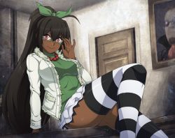 Rule 34 | 1girl, adjusting eyewear, ahoge, black hair, borrowed character, bow, breasts, chuunioniika, commentary, commission, cyron tanryoku, dark-skinned female, dark skin, desk, fur trim, glasses, green-framed eyewear, green bow, hair bow, highres, huge ahoge, jacket, jewelry, large breasts, long hair, looking at viewer, miniskirt, nail polish, necklace, on desk, original, pearl necklace, ponytail, red eyes, semi-rimless eyewear, sitting, skirt, smile, solo, striped clothes, striped thighhighs, thighhighs, turtleneck, under-rim eyewear, very dark skin, white jacket