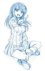 Rule 34 | 10s, 1girl, bbb (friskuser), blue theme, girls und panzer, hair between eyes, hand on ankle, indian style, loafers, long hair, looking at viewer, mika (girls und panzer), monochrome, open mouth, pleated skirt, pointing, pointing at viewer, school uniform, shoe soles, shoes, simple background, sitting, skirt, smile, socks, solo, sweater, swept bangs, white background