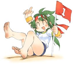 Rule 34 | 1girl, :d, ^ ^, barefoot, closed eyes, dirty, dirty feet, closed eyes, feet, flag, green hair, gym shorts, gym uniform, hairband, legs, long hair, numbered flag, open mouth, oyatsu (mk2), ponytail, shadow, shorts, sitting, smile, soles, solo, toes, white background, wristband