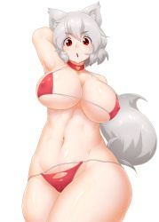 Rule 34 | 1girl, animal ears, arm up, armpits, bare shoulders, bikini, blush, breasts, cleavage, collar, covered erect nipples, cowboy shot, curvy, eyebrows, highres, inubashiri momiji, large breasts, looking at viewer, navel, open mouth, red eyes, short hair, silver hair, simple background, solo, swimsuit, tail, thick eyebrows, thighs, tochinoko, touhou, transparent background, wide hips, wolf ears, wolf tail