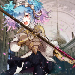 Rule 34 | 1girl, armor, blue hair, bow, fangs, fire emblem, fire emblem fates, gauntlets, gloves, hairband, highres, long hair, multicolored hair, nintendo, open mouth, peri (fire emblem), pink hair, polearm, red eyes, ruchita, slit pupils, solo, spear, twintails, two-tone hair, upper body, weapon