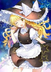 Rule 34 | 1girl, ;d, apron, bad id, bad twitter id, blonde hair, blush, bow, braid, commentary request, cowboy shot, frilled apron, frills, hair bow, hand up, hat, hat bow, hayama eishi, kirisame marisa, long hair, looking at viewer, one eye closed, open mouth, puffy sleeves, side braid, single braid, smile, solo, star (symbol), touhou, waist apron, wavy hair, white apron, white bow, witch hat, yellow eyes