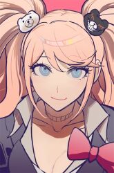 Rule 34 | 1girl, bear hair ornament, black shirt, blonde hair, blue eyes, bow, bowknot huhu, breasts, cleavage, collared shirt, commentary request, danganronpa: trigger happy havoc, danganronpa (series), enoshima junko, hair ornament, large breasts, looking at viewer, portrait, red bow, shirt, sidelocks, sketch, solo, twintails