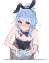 Rule 34 | 1girl, absurdres, airenif, alternate hairstyle, animal ears, armband, bare shoulders, black bow, black bowtie, black leotard, black pantyhose, blue eyes, blue hair, blush, bow, bowtie, breasts, commentary, commentary typo, detached collar, embarrassed, english commentary, fake animal ears, fishnet pantyhose, fishnets, highleg, highleg leotard, highres, hololive, hoshimachi suisei, leotard, long hair, looking at viewer, oversized breast cup, pantyhose, parted lips, playboy bunny, pointy breasts, ponytail, rabbit ears, small breasts, solo, star (symbol), star in eye, sweatdrop, symbol in eye, virtual youtuber, wing collar