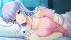 Rule 34 | 1girl, blue eyes, blurry, blurry background, breasts, cellphone, depth of field, game cg, hibiki works, highres, iizuki tasuku, implied masturbation, indoors, light purple hair, lips, long hair, lying, medium breasts, non-web source, off shoulder, on side, parted lips, phone, shirt, sidelocks, smartphone, solo, suiren to shion, sweat, t-shirt, two side up, wakami shion