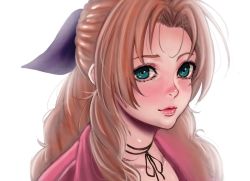 Rule 34 | 1990s (style), 1girl, aerith gainsborough, akira (yuibnm71), bow, brown hair, curly hair, final fantasy, final fantasy vii, green eyes, hair bow, looking at viewer, retro artstyle, solo, square enix, upper body