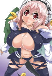 Rule 34 | 1girl, arc system works, bare shoulders, black thighhighs, breasts, cosplay, detached sleeves, dizzy (guilty gear), dizzy (guilty gear) (cosplay), female focus, groin, guilty gear, hair ornament, hair ribbon, headphones, huge breasts, long hair, navel, nitroplus, pink hair, red eyes, ribbon, simple background, solo, standing, super sonico, tail, thighhighs, thighs, urx ura, wings