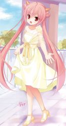 Rule 34 | 1girl, character name, collarbone, day, dress, feet, floating hair, full body, hair ornament, hidan no aria, highres, kanzaki h. aria, kobuichi, long hair, looking at viewer, novel illustration, official art, open mouth, outdoors, outstretched arm, pink hair, red eyes, ribbon, sash, see-through, short dress, skirt hold, sleeveless, sleeveless dress, solo, standing, strapless, strapless dress, toes, twintails, very long hair, yellow dress, yellow footwear, yellow ribbon