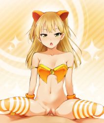 Rule 34 | 10s, 1boy, 1girl, animal ears, animal hands, armband, bell, blonde hair, bottomless, bra, cat ears, cat paws, clitoris, clothed female nude male, cowgirl position, girl on top, green eyes, idolmaster, idolmaster cinderella girls, jougasaki rika, kaiga, long hair, nude, open mouth, orange background, penis, petite, pov, pussy, pussy juice, sex, solo focus, spread legs, straddling, striped clothes, striped thighhighs, thighhighs, triangle mouth, uncensored, underwear, vaginal, yellow eyes