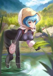 Rule 34 | 1girl, ayanami rei, bad id, bad pixiv id, black bodysuit, black gloves, blue hair, blue sky, bodysuit, boots, bow, breasts, bug, cloud, dragonfly, evangelion: 3.0+1.0 thrice upon a time, eyebrows hidden by hair, farming, field, gloves, grass, hair between eyes, hat, highres, holding, insect, kerchief, kernel killer, looking at viewer, mountain, neon genesis evangelion, open mouth, plugsuit, rebuild of evangelion, red eyes, reflection, rubber boots, seedling, short hair, sky, solo, stone, water