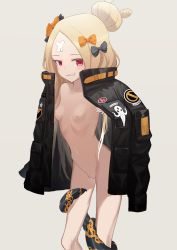 Rule 34 | 1girl, abigail williams (fate), abigail williams (traveling outfit) (fate), alternate hairstyle, bandaid, bandaid on face, bandaid on forehead, belt, black bow, black jacket, blonde hair, blush, bow, breasts, coat, fate/grand order, fate (series), forehead, fran (yuliwei2012), grin, hair bow, hair bun, hand up, high collar, hip focus, jacket, legs, long hair, looking at viewer, naked coat, navel, nipples, official alternate costume, open clothes, open jacket, orange bow, parted bangs, polka dot, polka dot bow, pussy, red eyes, sharp teeth, simple background, single hair bun, sleeves past fingers, sleeves past wrists, small breasts, smile, solo, teeth, tentacles, thighs, white background
