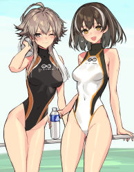 Rule 34 | 2girls, ahoge, alternate costume, arknights, arm support, black one-piece swimsuit, breasts, breasts apart, brown eyes, brown hair, competition swimsuit, covered collarbone, covered navel, cowboy shot, earrings, fingernails, groin, hair between eyes, highres, jewelry, legs together, long fingernails, looking at viewer, magallan (arknights), mayer (arknights), medium breasts, multicolored hair, multiple girls, narrow waist, one-piece swimsuit, one eye closed, open mouth, outdoors, parted bangs, rhine lab logo, short hair, side-by-side, sigm@, single earring, smile, standing, streaked hair, swimsuit, thighs, towel, white one-piece swimsuit, wide hips, yellow eyes