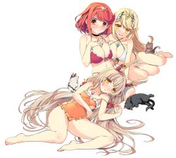 alternate_costume bikini blonde_hair breasts cat cat_girl highres large_breasts mythra_(xenoblade) nia_(blade)_(xenoblade) nia_(xenoblade) one-piece_swimsuit pyra_(xenoblade) red_eyes red_hair simple_background swimsuit watsuki_ayamo white_background xenoblade_chronicles_(series) xenoblade_chronicles_2