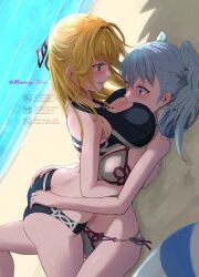 2girls artist_name ass between_breasts bikini blonde_hair blue_bikini blue_eyes blush breast_press breasts butt_crack cleavage curly_hair dated embarrassed face_between_breasts fiora_(xenoblade) grabbing_another&#039;s_ass green_eyes grey_bikini grey_hair grey_trim groping hair_ornament head_between_breasts head_wings highres hug large_breasts leg_between_thighs long_hair looking_down lying melia_antiqua mercury_xeno multiple_girls on_back open_mouth outdoors red_trim shade shadow side-tie_bikini_bottom swim_ring swimsuit twitter_username water watermark wings xenoblade_chronicles_(series) xenoblade_chronicles_1 yuri