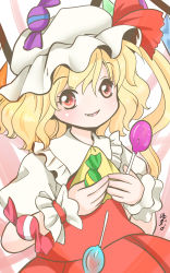 Rule 34 | 1girl, ascot, blonde hair, candy, fang, flandre scarlet, hands on own chest, hat, hat ribbon, highres, holding, lollipop, looking at viewer, mob cap, parted lips, red eyes, ribbon, side ponytail, signature, smile, touhou, wings, wrist cuffs, yuzuna99