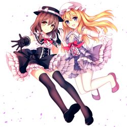 Rule 34 | 2girls, arm up, black dress, black footwear, black gloves, black hat, black thighhighs, blonde hair, blush, bow, bowtie, brown hair, dress, elbow gloves, falling petals, fingernails, frilled dress, frills, gloves, hair between eyes, hat, highres, knees together feet apart, looking at viewer, maribel hearn, mechrailgun, multiple girls, open mouth, pantyhose, petals, purple bow, purple bowtie, purple dress, purple eyes, red bow, red bowtie, smile, thighhighs, touhou, usami renko, white background, white gloves, white hat