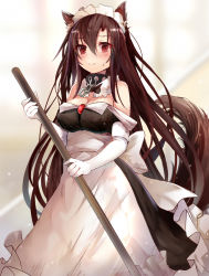 Rule 34 | 1girl, alternate costume, animal ears, apron, bare shoulders, blush, breasts, brooch, brown hair, chain, cleavage, collar, cowboy shot, detached collar, dress, efe, elbow gloves, enmaided, frilled apron, frills, gloves, hair between eyes, imaizumi kagerou, jewelry, long dress, long hair, long skirt, looking at viewer, maid, maid headdress, medium breasts, off shoulder, red eyes, revision, skirt, solo, standing, sweatdrop, tail, touhou, underbust, very long hair, wavy mouth, white gloves, wolf ears, wolf tail