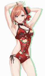 Rule 34 | 1girl, absurdres, ahoge, arisugawa natsuha, armpits, arms up, bare arms, bare shoulders, black eyes, braid, breasts, casual one-piece swimsuit, cleavage, earrings, floral print, hair bun, highres, idolmaster, idolmaster shiny colors, jewelry, long hair, looking at viewer, lorenzo agrippa, medium breasts, nail polish, one-piece swimsuit, orange hair, print swimsuit, red nails, red one-piece swimsuit, ribbon, side-tie swimsuit, simple background, single braid, single hair bun, smile, solo, swimsuit, tassel, tassel earrings, white background, wristband