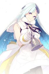 Rule 34 | 1girl, bell, breasts, brynhildr (fate), capelet, diagonal bangs, dress, echo (circa), fate/grand order, fate (series), fur trim, gloves, hair ornament, large breasts, long hair, looking at viewer, purple eyes, smile, solo, very long hair, white capelet, white dress, white gloves, white hair