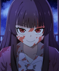 Rule 34 | 1girl, absurdres, black hair, blood, blood on clothes, blood on face, blunt bangs, bow, bowtie, collared shirt, ddok, highres, hime cut, houraisan kaguya, japanese clothes, long hair, pink shirt, red hair, shirt, sidelocks, smile, solo, touhou, upper body, very long hair, white bow, white bowtie
