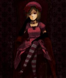 Rule 34 | 1girl, blonde hair, bow, breasts, crossed legs, dark, dress, elbow gloves, gloves, hair bow, hair ornament, hairclip, hat, head rest, jewelry, lambdadelta, large breasts, necklace, pink hat, red eyes, sitting, solo, striped clothes, striped thighhighs, thighhighs, tori (kina18-2), umineko no naku koro ni
