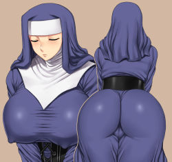Rule 34 | 1girl, akatsuki blitzkampf, anonym, ass, bent over, breasts, brown background, cameltoe, closed eyes, covered erect nipples, dress, freckles, from behind, habit, huge ass, huge breasts, impossible clothes, impossible dress, inaho, large breasts, multiple views, nun, simple background, taut clothes, traditional nun, upper body
