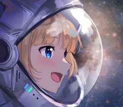 Rule 34 | 1girl, absurdres, astronaut, blonde hair, blue eyes, close-up, commentary, dayshiart, english commentary, from side, helmet, highres, hololive, hololive english, light blush, looking ahead, open mouth, outer wilds, solo, space, space helmet, virtual youtuber, watson amelia