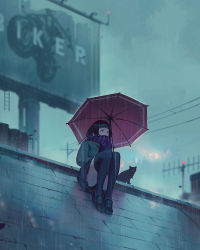 Rule 34 | 1girl, animal, antennae, aqua theme, billboard, black cat, black footwear, black hair, black panties, black skirt, black thighhighs, blue theme, blunt bangs, building, cat, cloud, cloudy sky, colored stripes, covered mouth, from below, full body, grey jacket, grey theme, guweiz, holding, holding umbrella, house, jacket, knees up, ladder, legs together, legs up, long sleeves, looking afar, looking up, multicolored clothes, multicolored scarf, on roof, original, outdoors, overcast, panties, pantyshot, pet, pleated skirt, power lines, purple scarf, rain, raincoat, red umbrella, reflection, scarf, scarf over mouth, shoes, sitting, skirt, sky, solo, striped clothes, striped scarf, thighhighs, umbrella, underwear, upskirt, water, wet, wide shot, yellow eyes