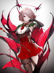 Rule 34 | 1girl, absurdres, armpits, azur lane, black gloves, black legwear, breasts, brown hair, collared shirt, contrapposto, cowboy shot, drill hair, duca degli abruzzi (azur lane), earrings, elbow gloves, gloves, gradient background, grey background, hand in own hair, hand up, highres, holding, italian flag, jewelry, large breasts, looking at viewer, mechanical arms, necktie, official art, ohisashiburi, parted lips, red eyes, red necktie, red skirt, ribbon, shirt, shirt tucked in, short hair, short necktie, single leg pantyhose, single mechanical arm, skindentation, skirt, sleeveless, smile, solo, standing, tagme, thigh strap, torn clothes, torn legwear, white skirt