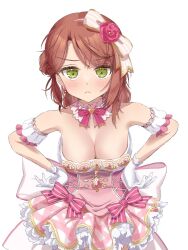 Rule 34 | 1girl, angry, black gloves, blush, bow, breasts, cleavage, collar, commentary request, detached collar, dress, earrings, flower, gem, gloves, hair bow, hair bun, hands on own hips, highres, jewelry, karupisu 110, large bow, large breasts, looking at viewer, love live!, love live! nijigasaki high school idol club, medium hair, neck ribbon, pink bow, pink dress, pink hair, pink ribbon, pout, ribbon, rose, single hair bun, solo, striped ribbon, uehara ayumu, white background, white bow, white gloves, yellow eyes, yume e no ippo