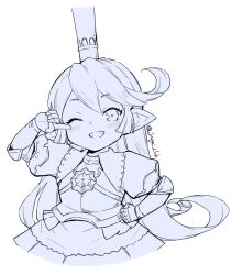 Rule 34 | 1girl, blush, charlotta (granblue fantasy), clenched teeth, crown, gauntlets, granblue fantasy, hand on own hip, harvin, jingai modoki, long hair, looking at viewer, monochrome, one eye closed, pointy ears, simple background, smile, solo, teeth, twitter username, white background