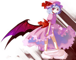 Rule 34 | 1girl, bad id, bad pixiv id, bat wings, bloomers, bloomers pull, blue hair, blush, dress, female focus, hanui, hat, red eyes, remilia scarlet, short hair, solo, touhou, underwear, white background, wings