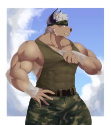 Rule 34 | 1boy, animal ears, bara, belt, border, brown fur, camouflage, camouflage headwear, camouflage pants, chest hair, clothes pull, cloud, commentary, covered abs, cow ears, cow horns, facial hair, furry, furry male, goatee, green tank top, headband, highres, horns, large pectorals, male focus, minotaur, muscular, muscular male, nasueru (eggplant nacl), outside border, pants, pectorals, pulled by self, purple eyes, purple horns, shennong (housamo), shirt pull, short hair, sidepec, solo, tank top, thick arms, tokyo houkago summoners, upper body, white border, white hair