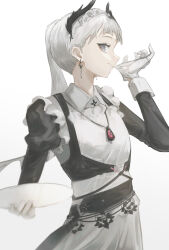 Rule 34 | 1girl, aiv, ambience synesthesia, arknights, black dress, closed mouth, collared dress, commentary request, dress, glove in mouth, gloves, gradient background, grey background, grey eyes, grey hair, highres, holding, holding plate, irene (arknights), juliet sleeves, long sleeves, looking at viewer, mouth hold, plate, ponytail, puffy sleeves, solo, white background, white gloves