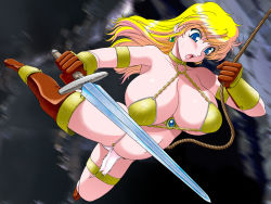 Rule 34 | 1girl, armor, bikini armor, blonde hair, blue eyes, boots, bra, breasts, brown gloves, gloves, large breasts, lento (glamour works), loincloth, open mouth, swinging, sword, underwear, weapon, yellow bra