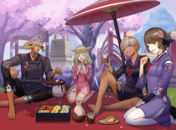 Rule 34 | 1boy, 3girls, animal ears, au ra, barefoot, blonde hair, blue eyes, brown eyes, brown hair, cat ears, cherry blossoms, day, dragon horns, dragon tail, earrings, closed eyes, facial mark, final fantasy, final fantasy xiv, flower, food, grey hair, hair flower, hair ornament, hanami, horns, hyur, japanese clothes, jewelry, long hair, looking at another, looking back, miqo&#039;te, moko (user vnsh2874), multiple girls, oil-paper umbrella, one eye closed, open mouth, outdoors, pantyhose, scales, short hair, sitting, tail, umbrella, white legwear